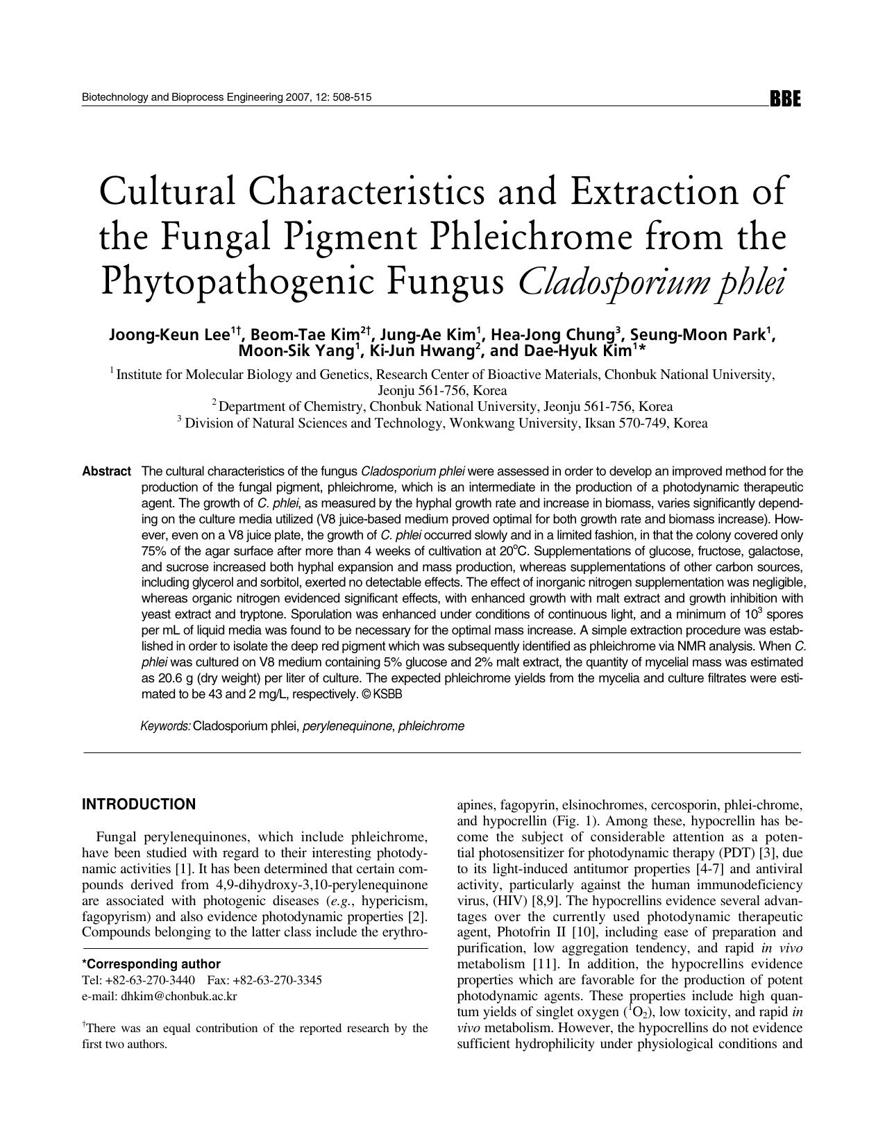 Cultural characteristics and extraction of the fungal pigment phleichrome from the phytopathogenic fungus <Emphasis Type="Italic">Cladosporium phlei <Emphasis> by Unknown