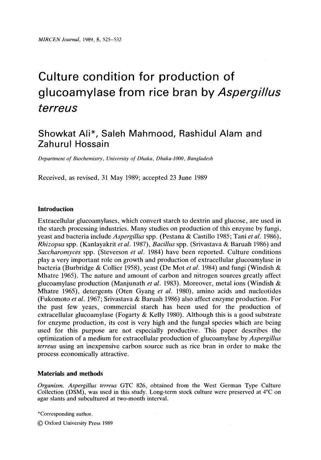 Culture condition for production of glucoamylase from rice bran by <Emphasis Type="Italic">Aspergillus terreus <Emphasis> by Unknown