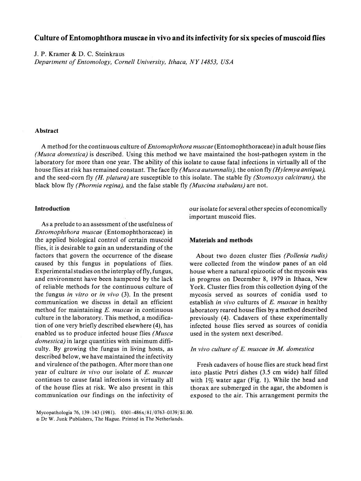 Culture of Entomophthora muscae in vivo and its infectivity for six species of muscoid flies by Unknown