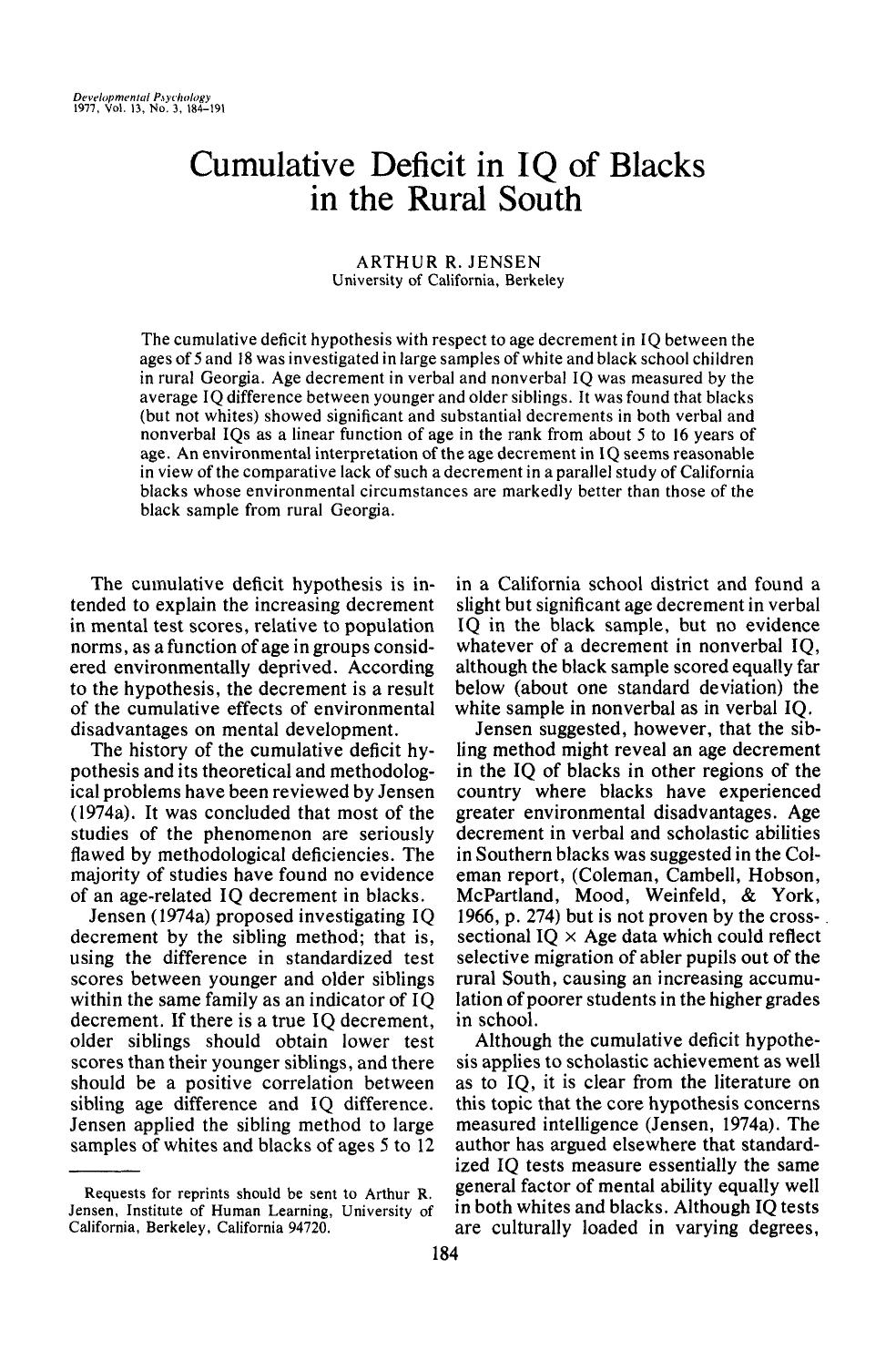 Cumulative Deficit in IQ of Blacks in the Rural South (1977) by Arthur Robert Jensen by Unknown