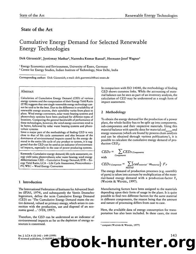 Cumulative energy demand for selected renewable energy technologies by Unknown