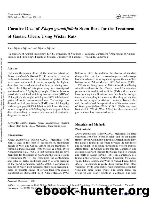 Curative Dose of Khaya grandifoliola. Stem Bark for the Treatment of Gastric Ulcers Using Wistar Rats by Ruth Njifutie Njikam & Njifutie Njikam