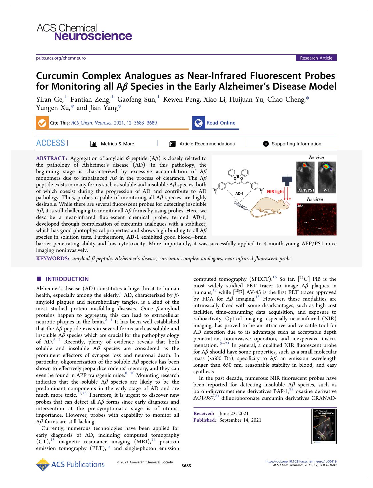 Curcumin Complex Analogues as Near-Infrared Fluorescent Probes for Monitoring all AÎ² Species in the Early Alzheimerâs Disease Model by unknow