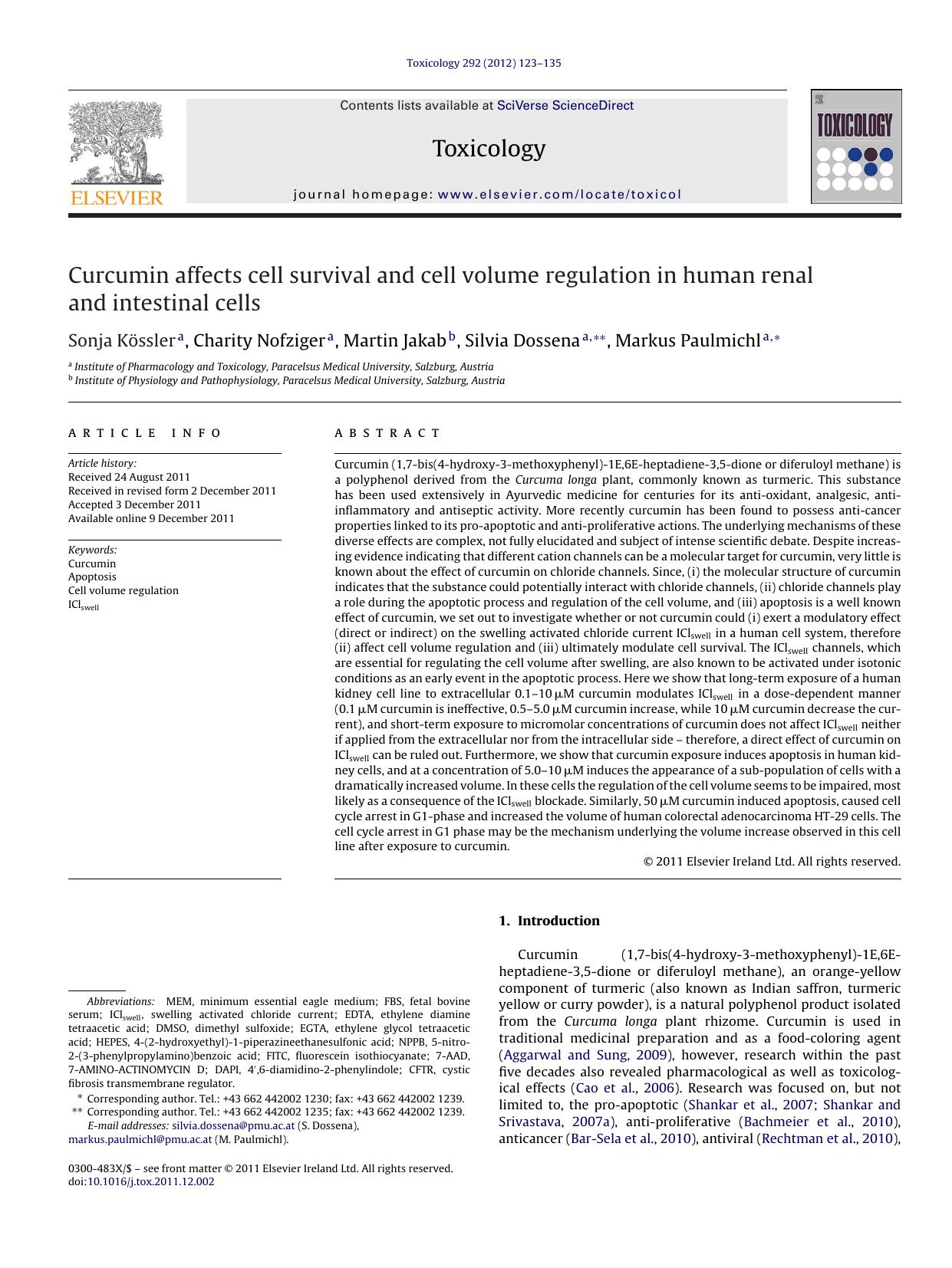 Curcumin affects cell survival and cell volume regulation in human renal and intestinal cells by Sonja Kössler