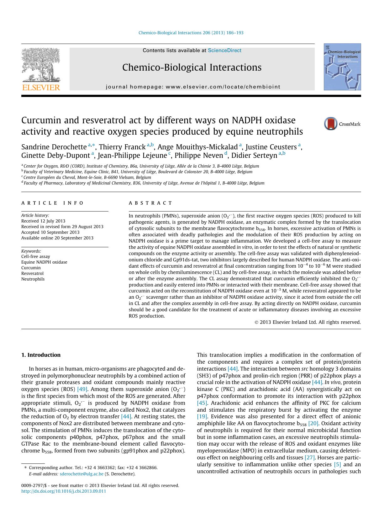 Curcumin and resveratrol act by different ways on NADPH oxidase activity and reactive oxygen species produced by equine neutrophils by unknow