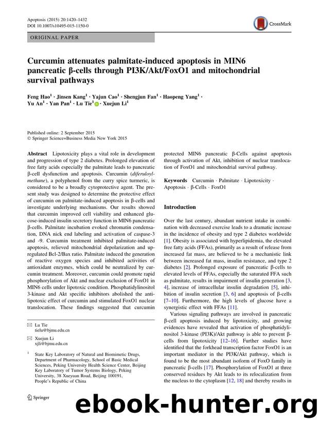 Curcumin attenuates palmitate-induced apoptosis in MIN6 pancreatic Î²-cells through PI3KAktFoxO1 and mitochondrial survival pathways by unknow