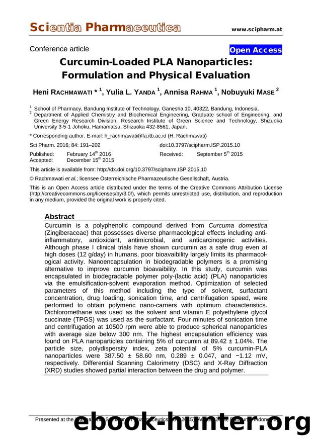 Curcumin-Loaded PLA Nanoparticles: Formulation and Physical Evaluation by Heni RACHMAWATI Yulia L. YANDA Annisa RAHMA Nobuyuki MASE