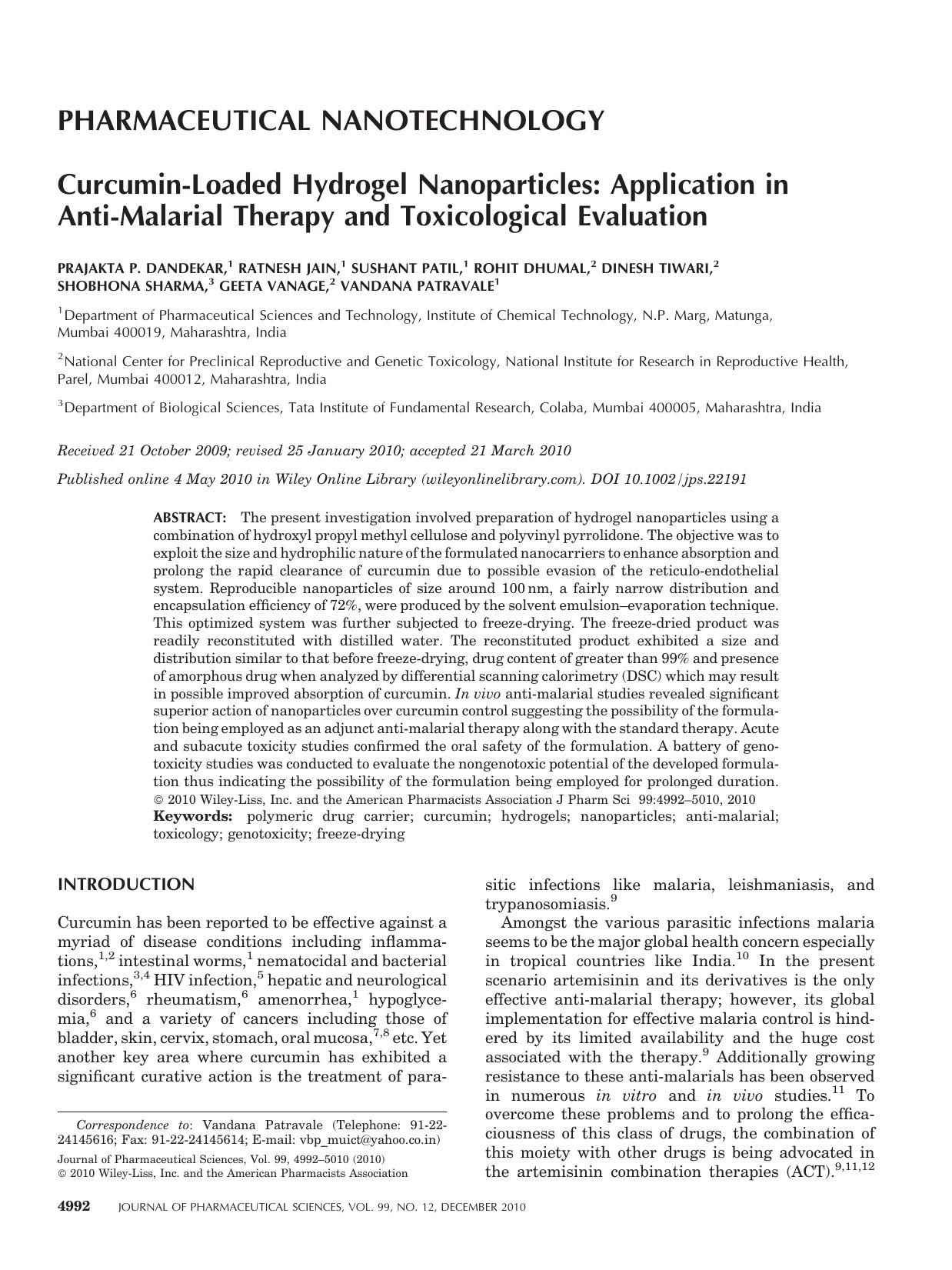 Curcuminloaded hydrogel nanoparticles: Application in antimalarial therapy and toxicological evaluation by Unknown