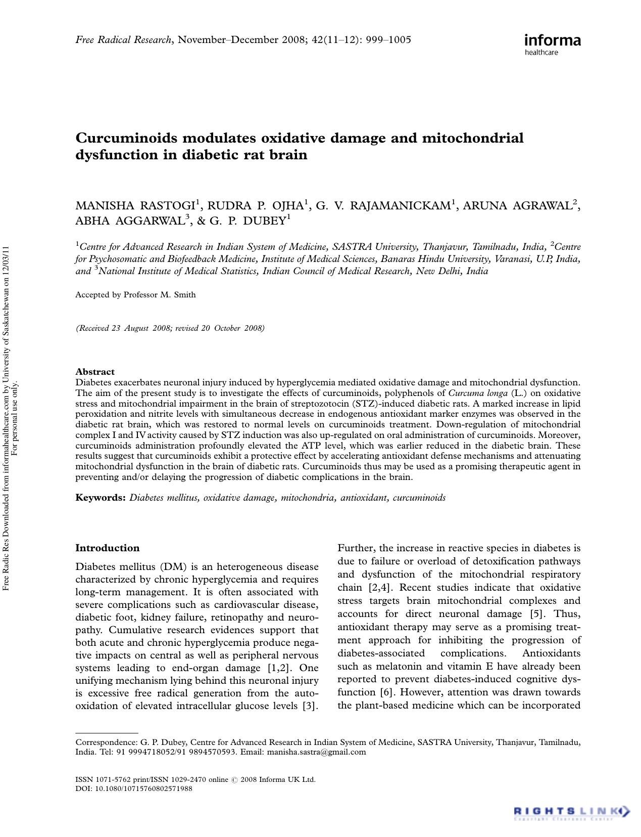Curcuminoids modulates oxidative damage and mitochondrial dysfunction in diabetic rat brain by unknow