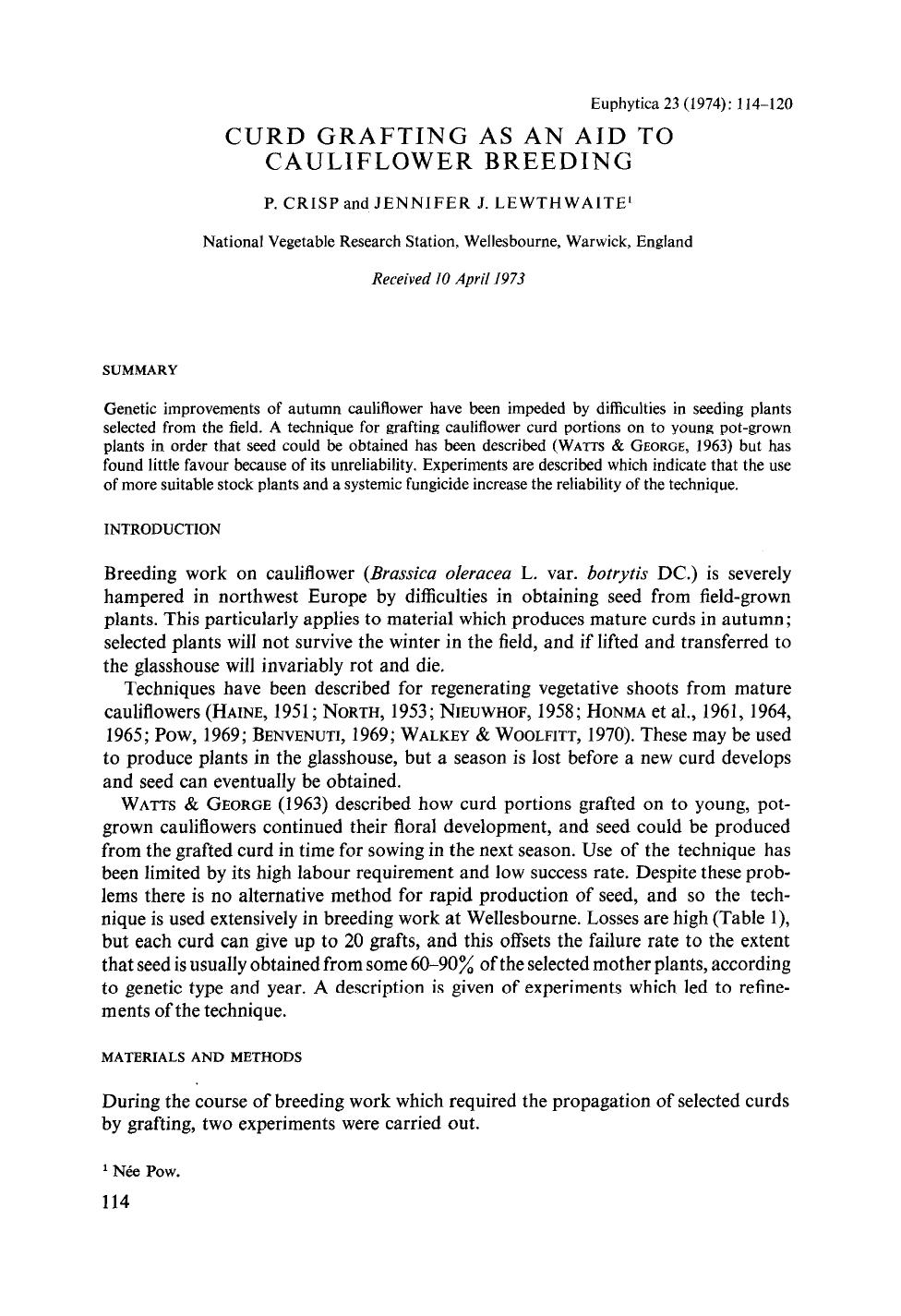 Curd grafting as an aid to cauliflower breeding by Unknown