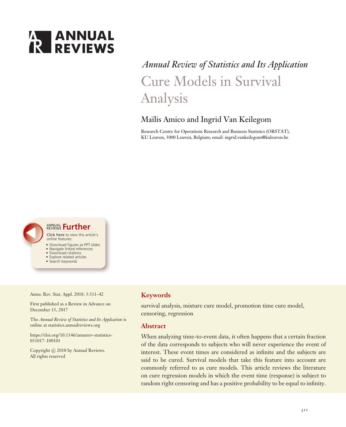 Cure Models in Survival Analysis by Maïlis Amico and Ingrid Van Keilegom