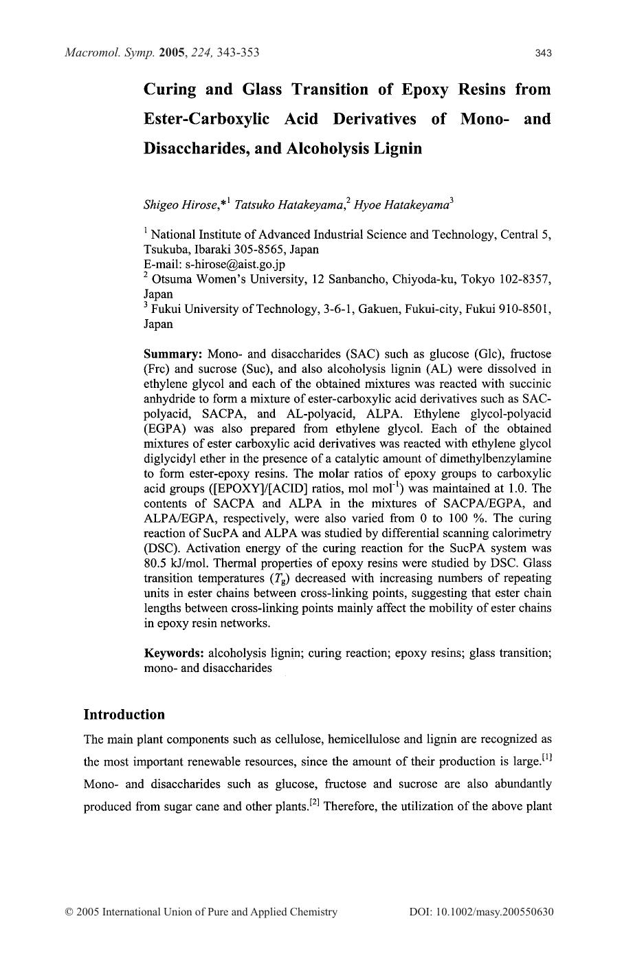 Curing and Glass Transition of Epoxy Resins from Ester-Carboxylic Acid Derivatives of Mono- and Disaccharides, and Alcoholysis Lignin by Unknown
