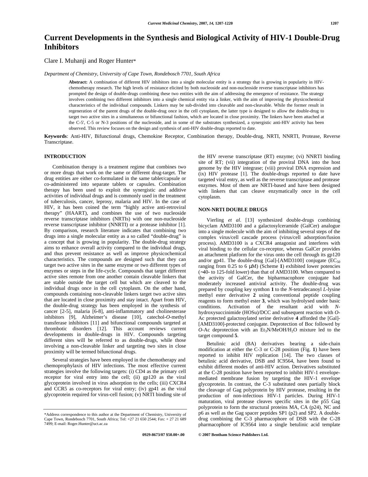 Current Developments in the Synthesis and Biological Activity of HIV-1 Double-Drug Inhibitors by Clare I. Muhanji ; Roger Hunter