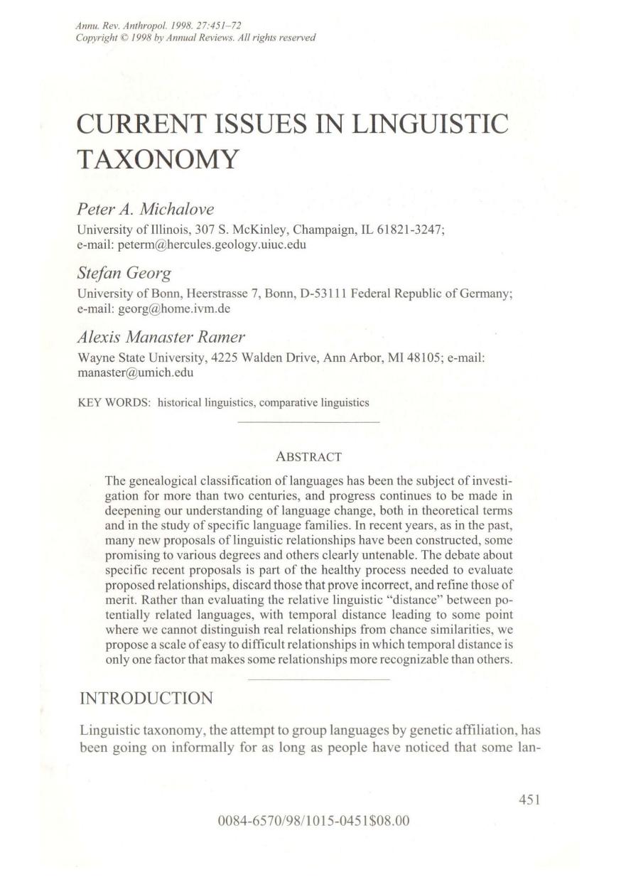 Current Issues in Linguistic Taxonomy by Michalove P.A. Georg S. Ramer A.M