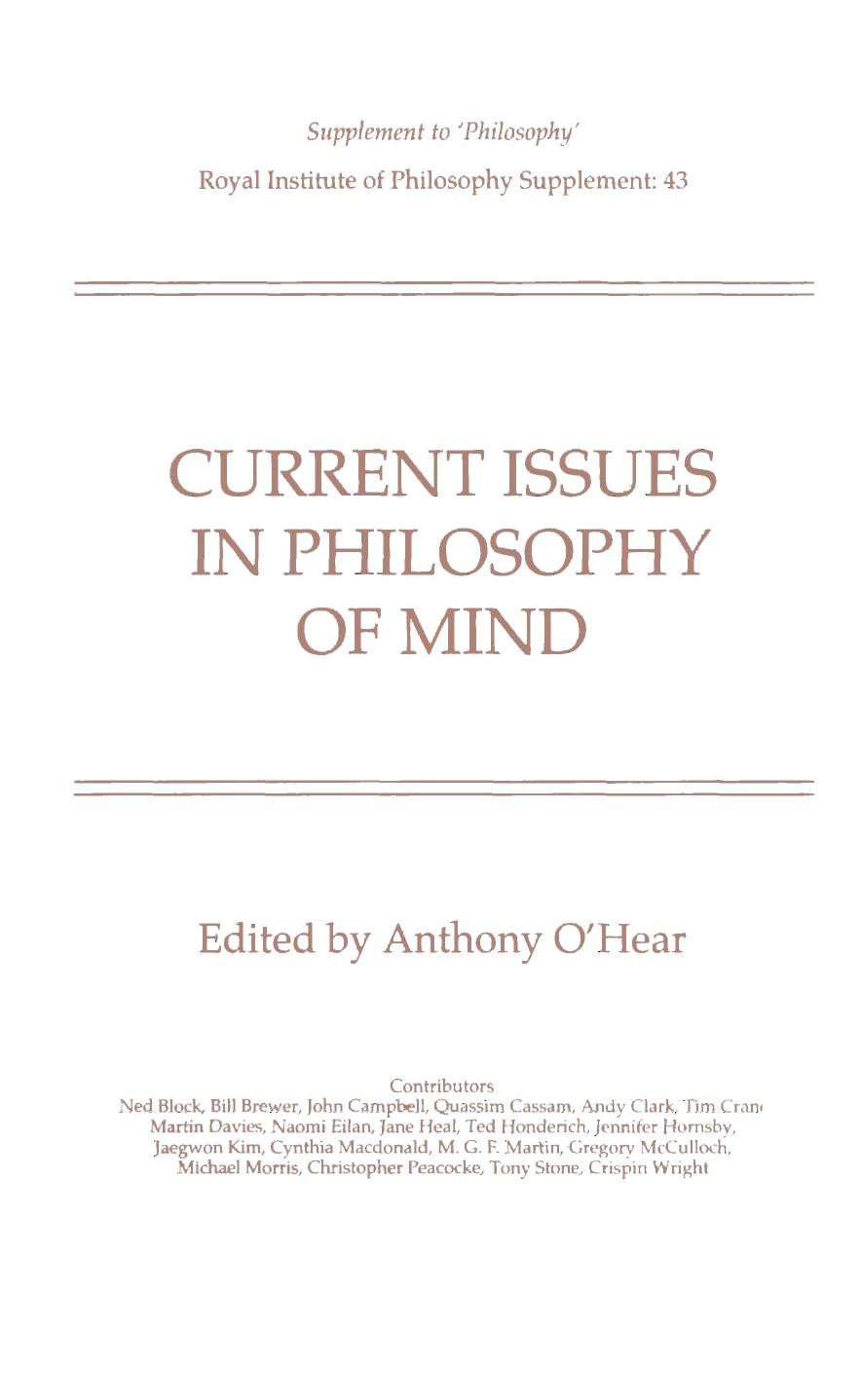 Current Issues in Philosophy of Mind by Anthony O'Hear