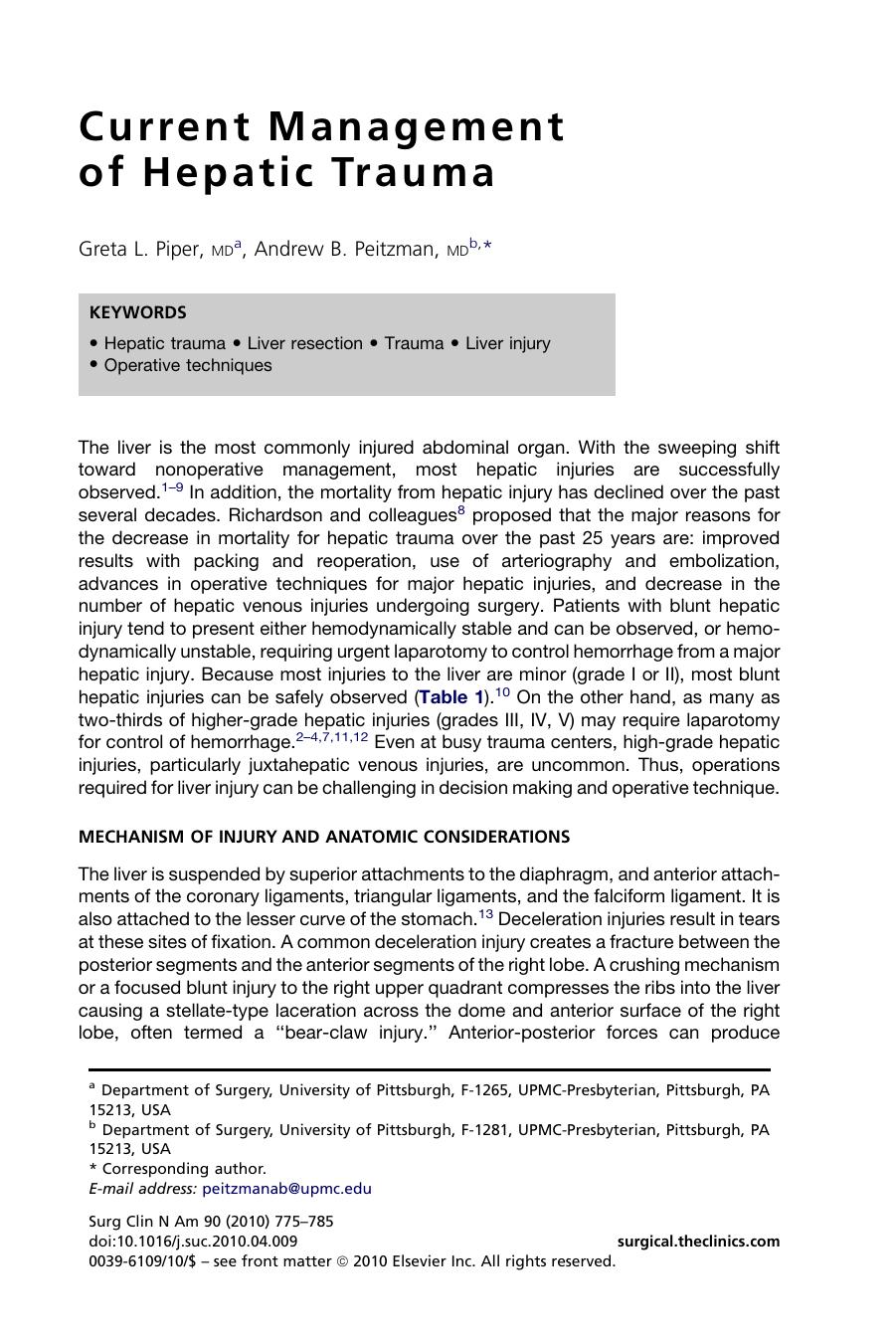 Current Management of Hepatic Trauma by Greta L. Piper MD & Andrew B. Peitzman MD