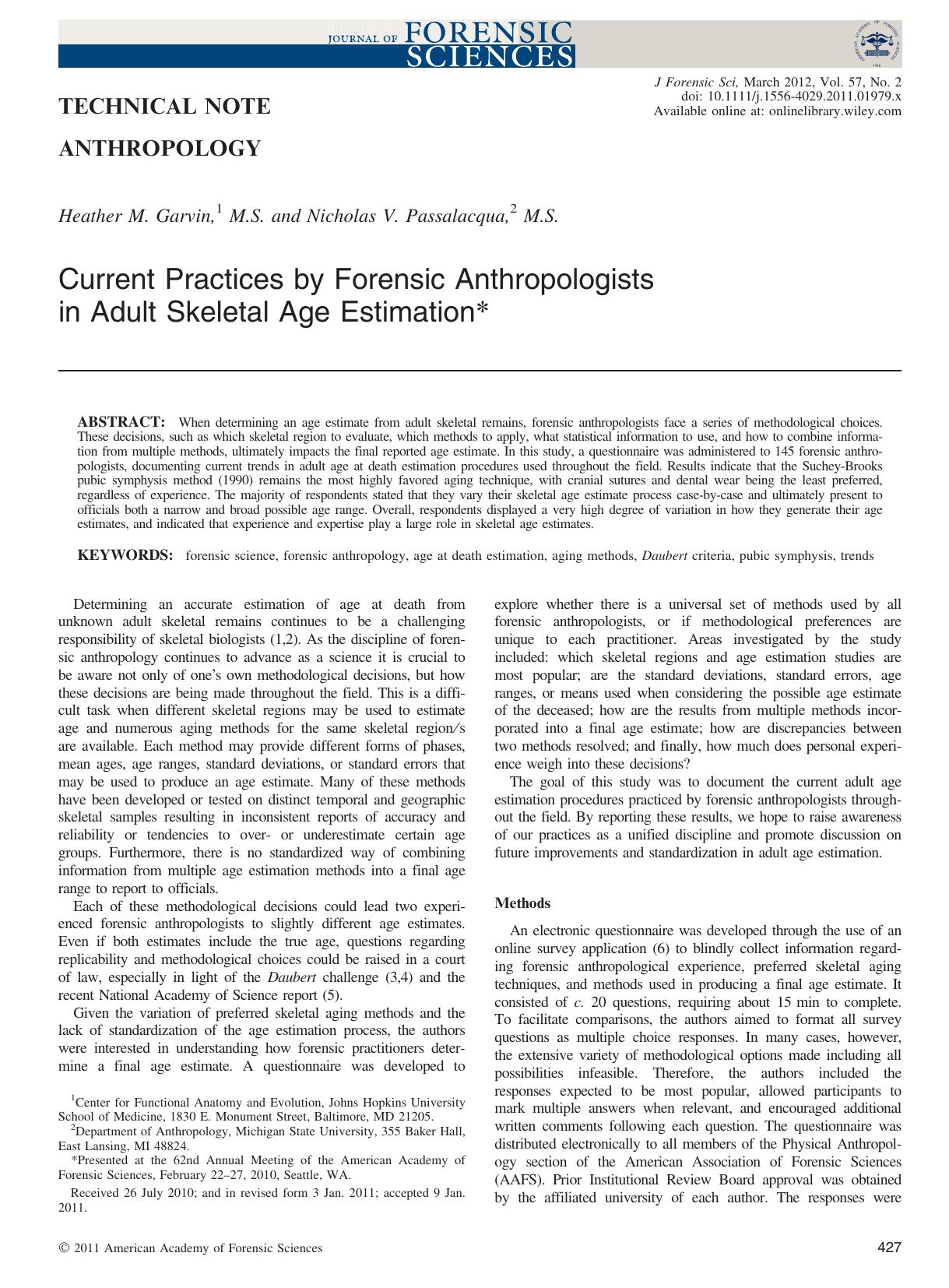 Current Practices by Forensic Anthropologists in Adult Skeletal Age Estimation by Unknown