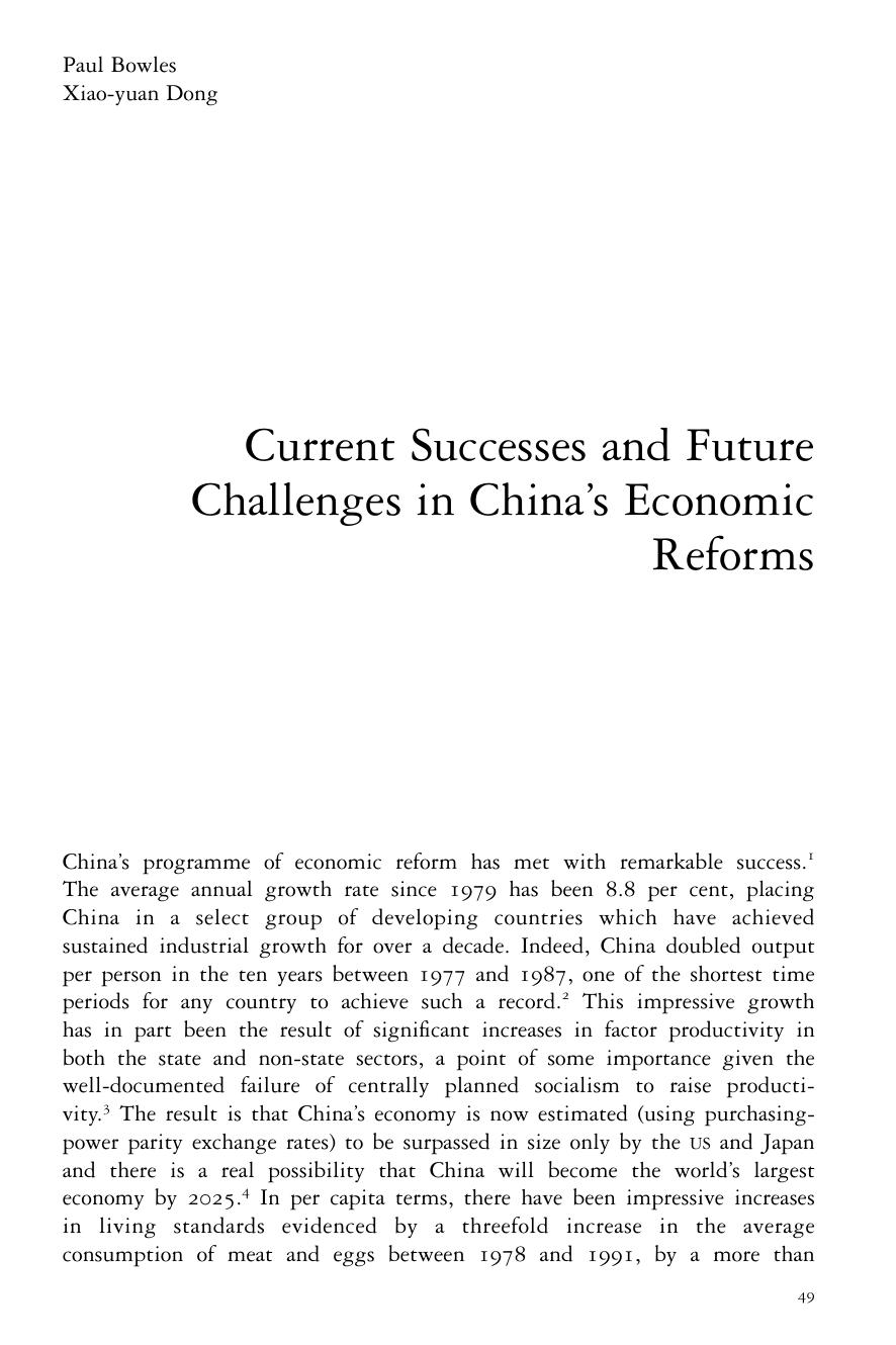 Current Successes and Future Challenges in China's Economic Reforms by Paul Bowles & Xiao-yuan Dong