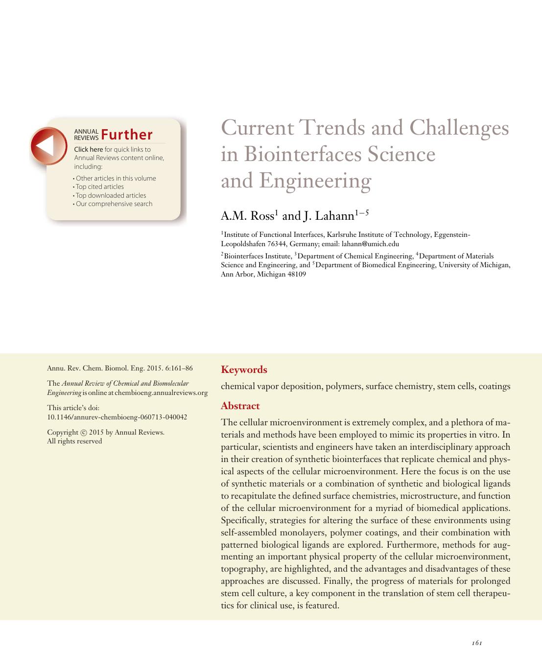 Current Trends and Challenges in Biointerfaces Science and Engineering by A.M. Ross and J. Lahann