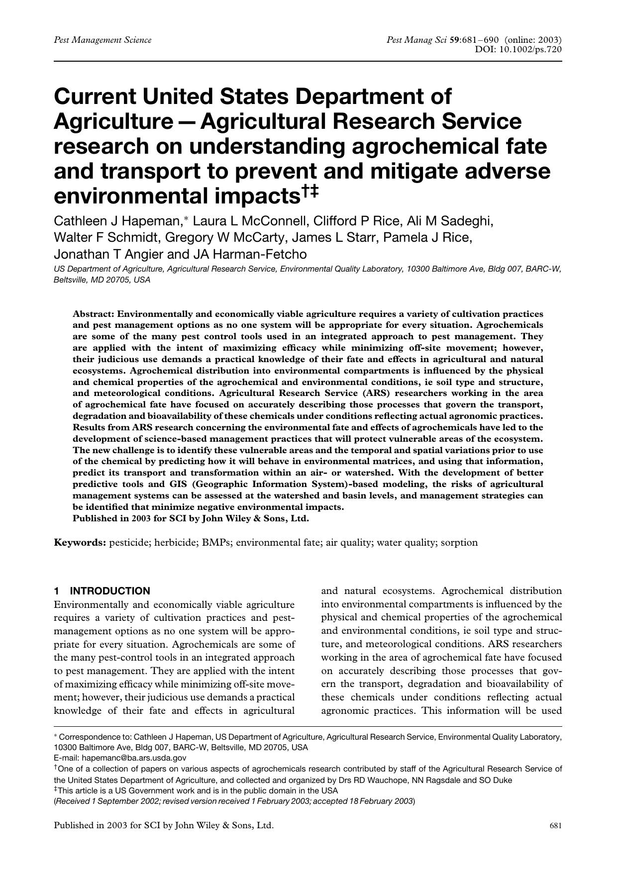 Current United States Department of Agriculture-Agricultural Research Service research on understanding agrochemical fate and transport to prevent and mitigate adverse environmental impacts by Unknown