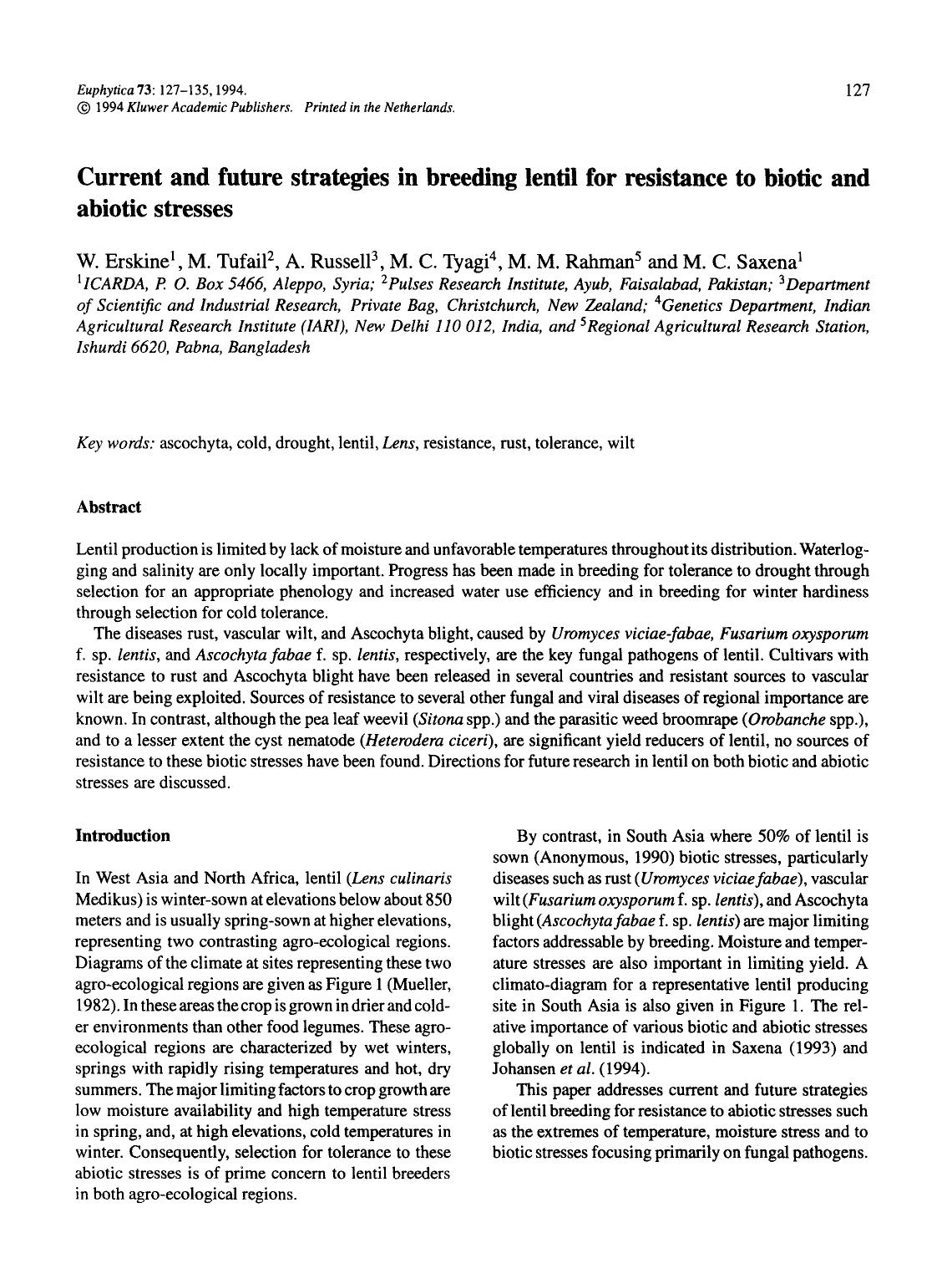 Current and future strategies in breeding lentil for resistance to biotic and abiotic stresses by Unknown