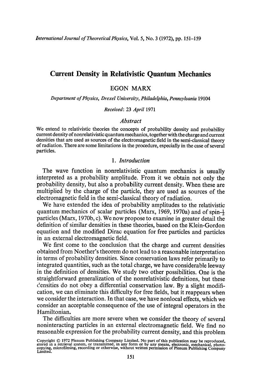 Current density in relativistic quantum mechanics by Unknown