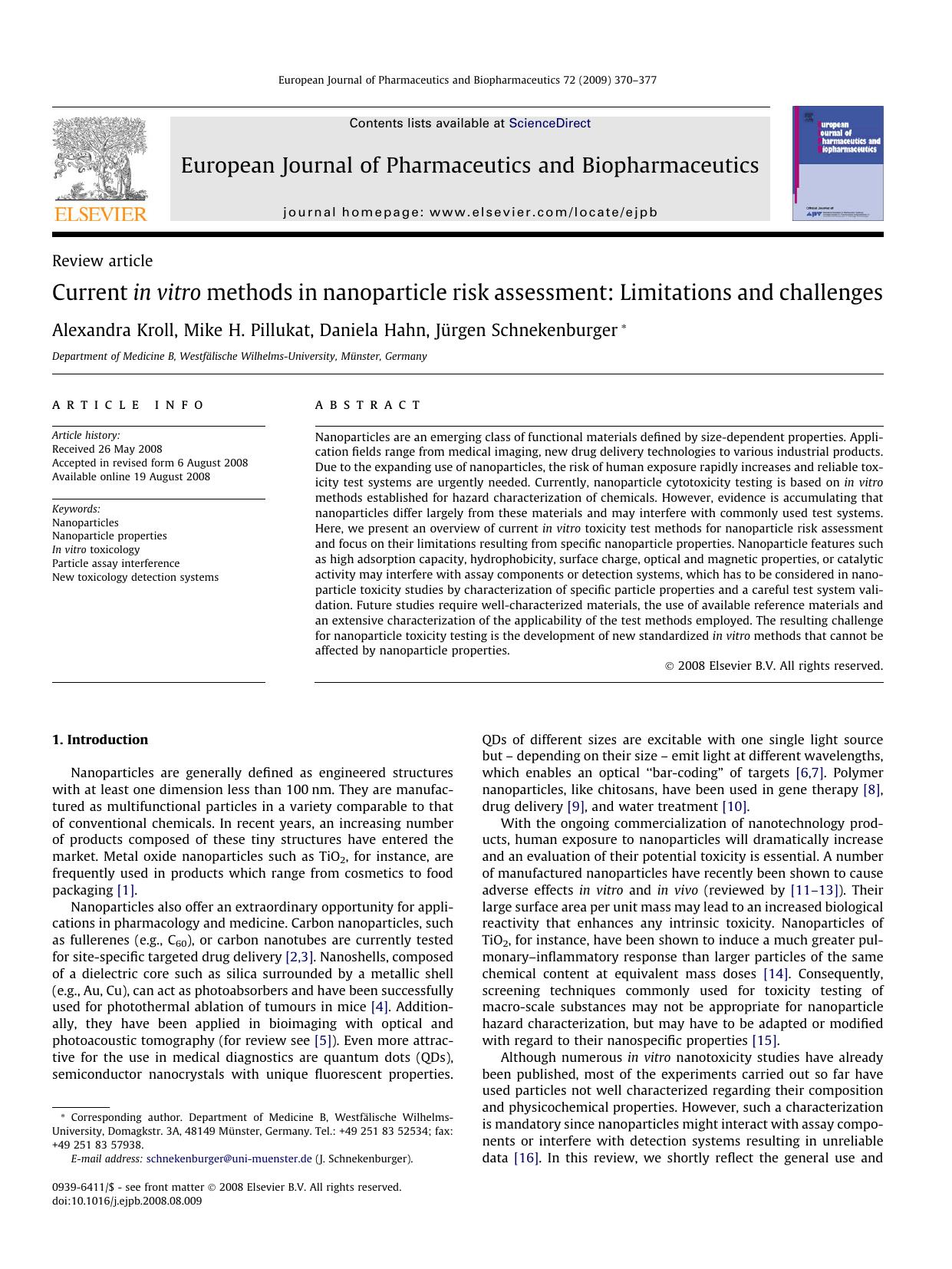 Current in vitro methods in nanoparticle risk assessment: Limitations and challenges by Alexandra Kroll; Mike H. Pillukat; Daniela Hahn; Jürgen Schnekenburger