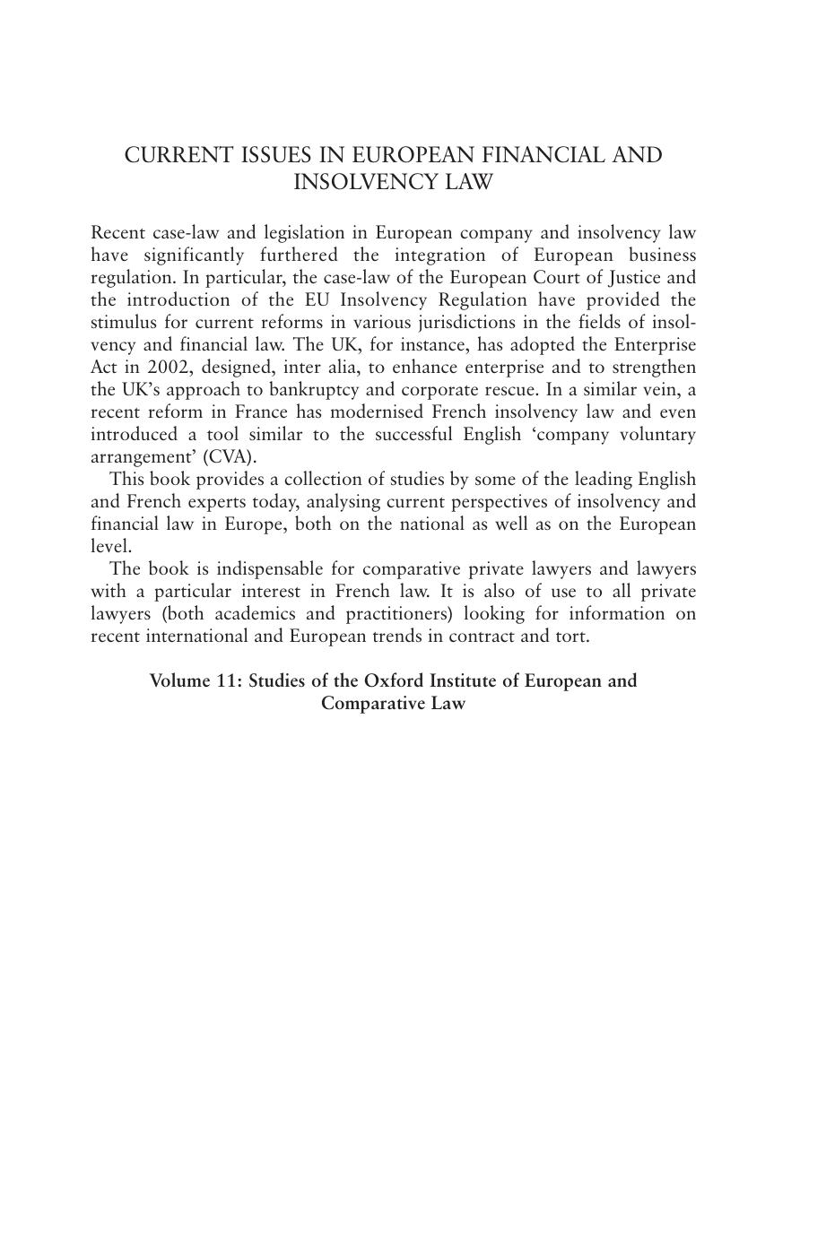 Current issues in european financial and insolvency law by Wolf-Georg Ringe; Louise Gullifer; Philippe Théry