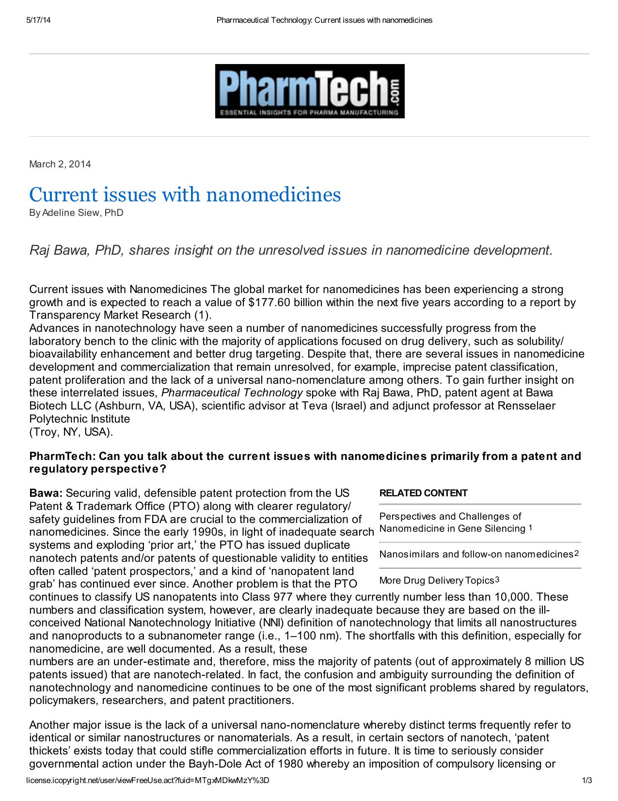 Current issues with nanomedicines - Raj Bawa's insight on unresolved issues in nanomedicine development by Adeline Siew