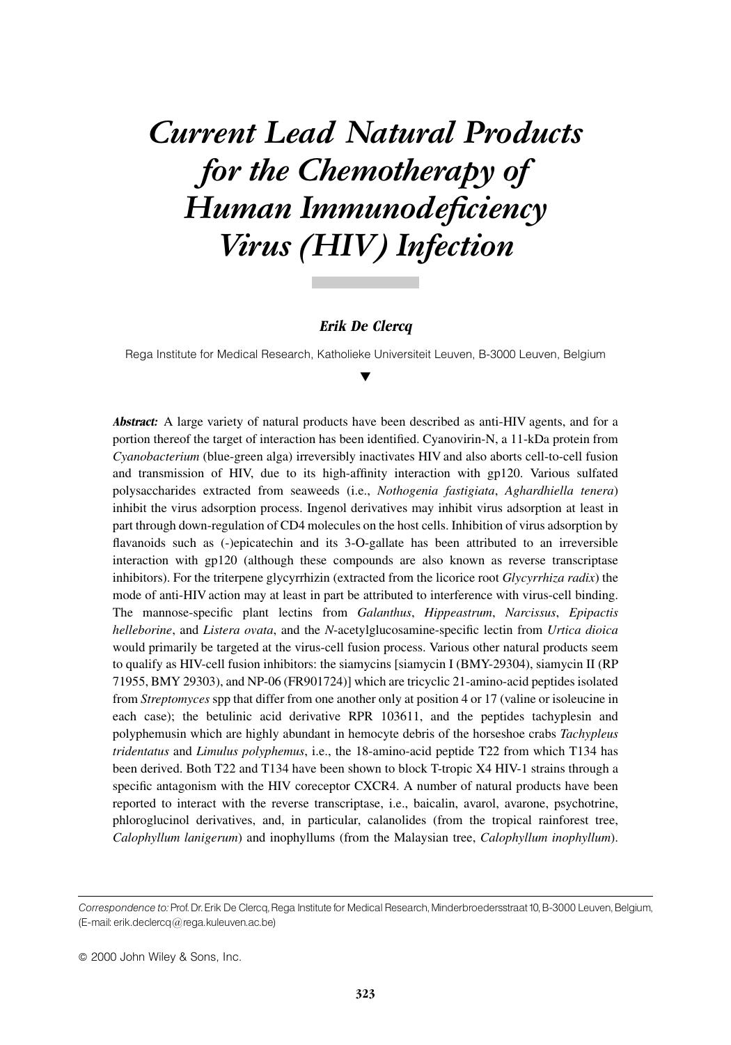Current lead natural products for the chemotherapy of human immunodeficiency virus (HIV) infection by Unknown