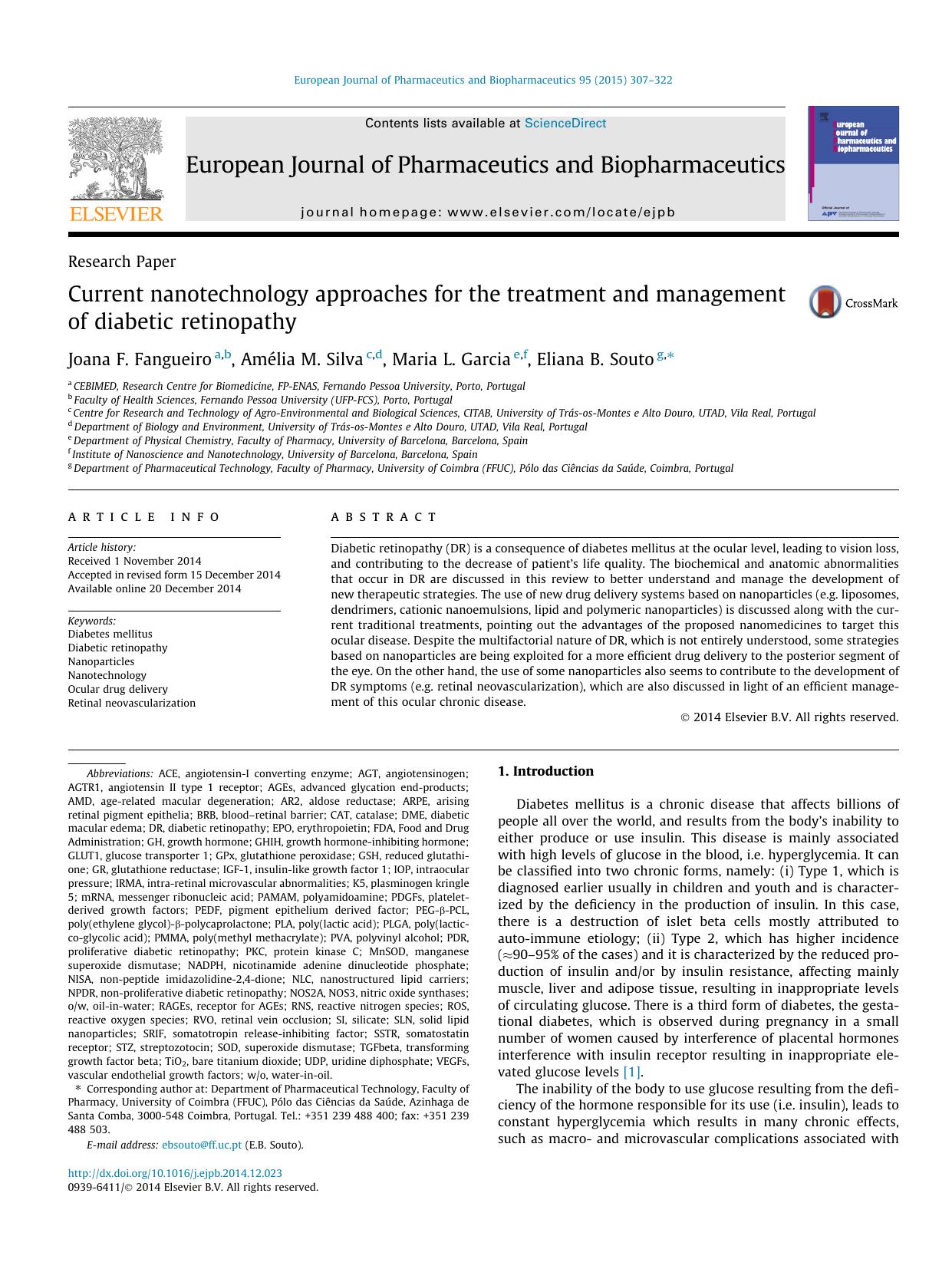 Current nanotechnology approaches for the treatment and management of diabetic retinopathy by Joana F. Fangueiro & Amélia M. Silva & Maria L. Garcia & Eliana B. Souto
