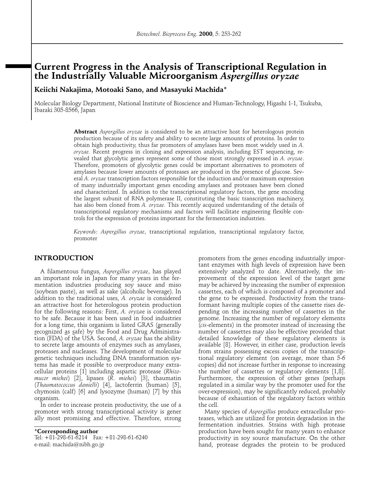 Current progress in the analysis of transcriptional regulation in the industrially valuable microorganism <Emphasis Type="Italic">Aspergillus oryzae <Emphasis> by Unknown