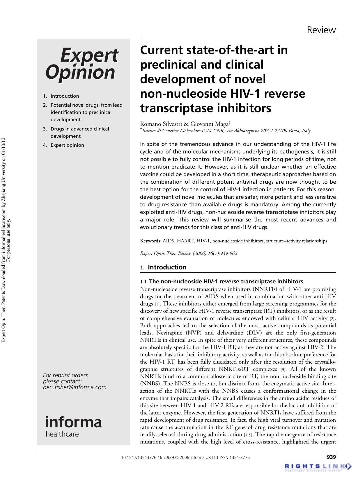 Current state-of-the-art in preclinical and clinical development of novel non-nucleoside HIV-1 reverse transcriptase inhibitors by Romano Silvestri & Giovanni Maga