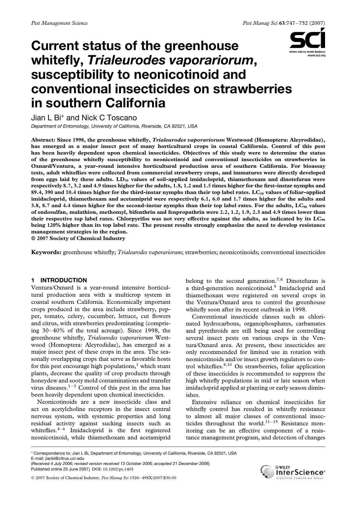 Current status of the greenhouse whitefly, Trialeurodes vaporariorum, susceptibility to neonicotinoid and conventional insecticides on strawberries in southern California by Unknown