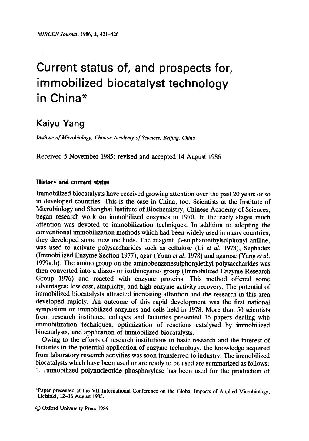 Current status of, and prospects for, immobilized biocatalyst technology in China by Unknown