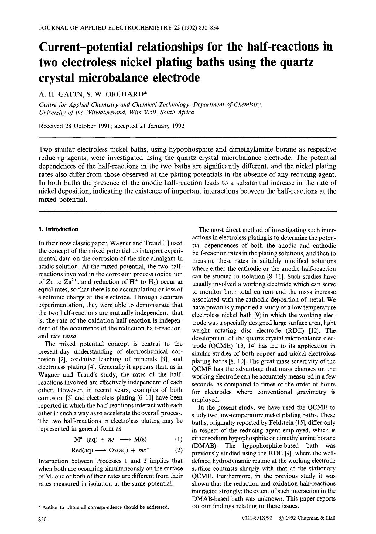 Current-potential relationships for the half-reactions in two electroless nickel plating baths using the quartz crystal microbalance electrode by Unknown