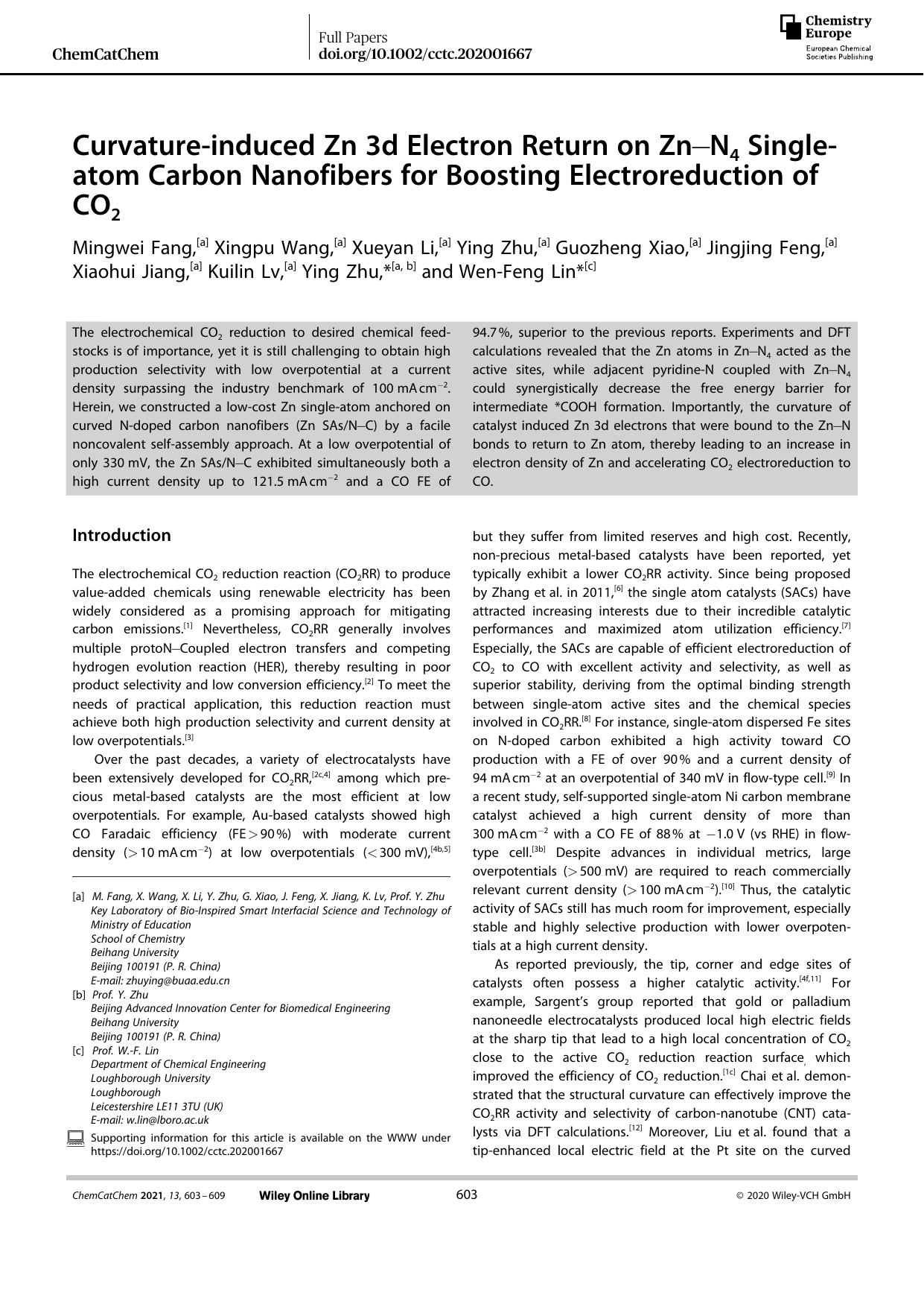 Curvatureâinduced Zn 3d Electron Return on ZnâN4 Singleâatom Carbon Nanofibers for Boosting Electroreduction of CO2 by Unknown