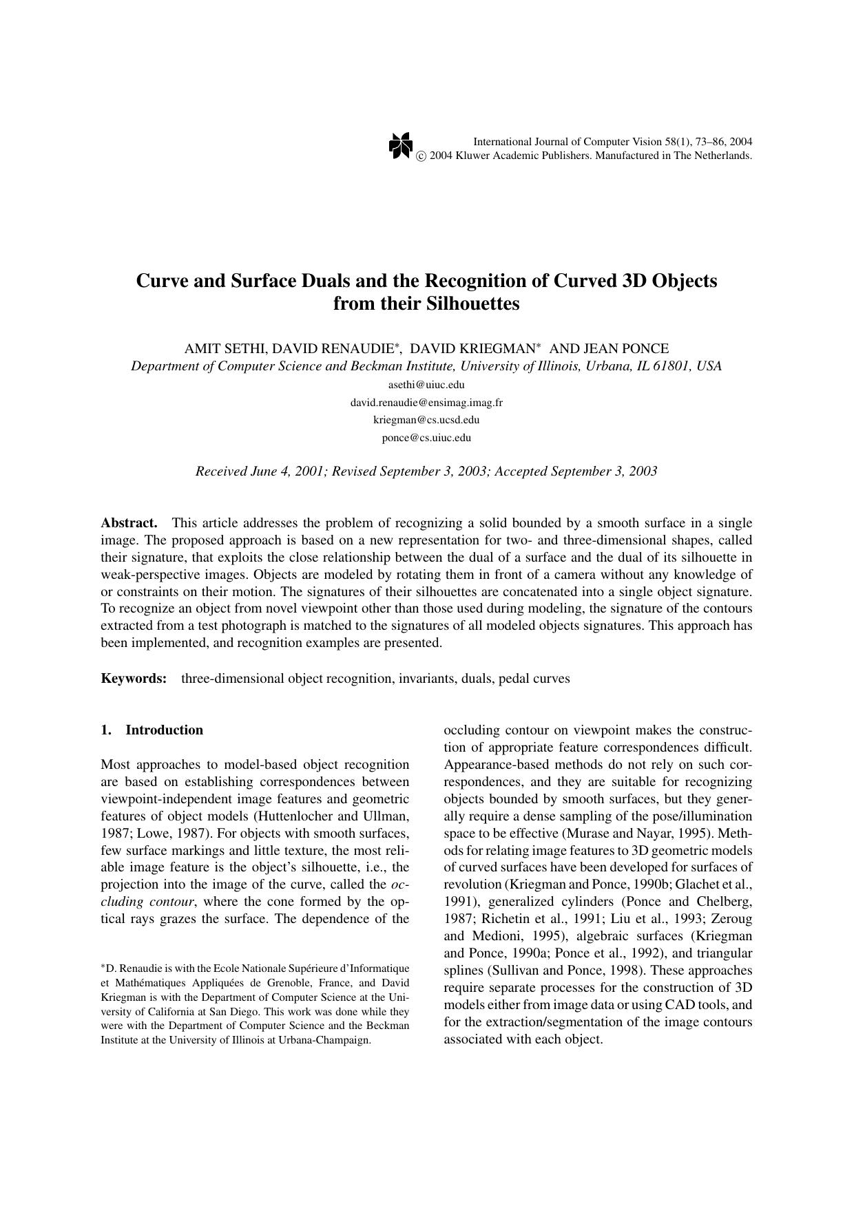 Curve and Surface Duals and the Recognition of Curved 3D Objects from their Silhouettes by Curve & Surface Duals & the Recognition of Curved 3D Objects from their Silhouettes