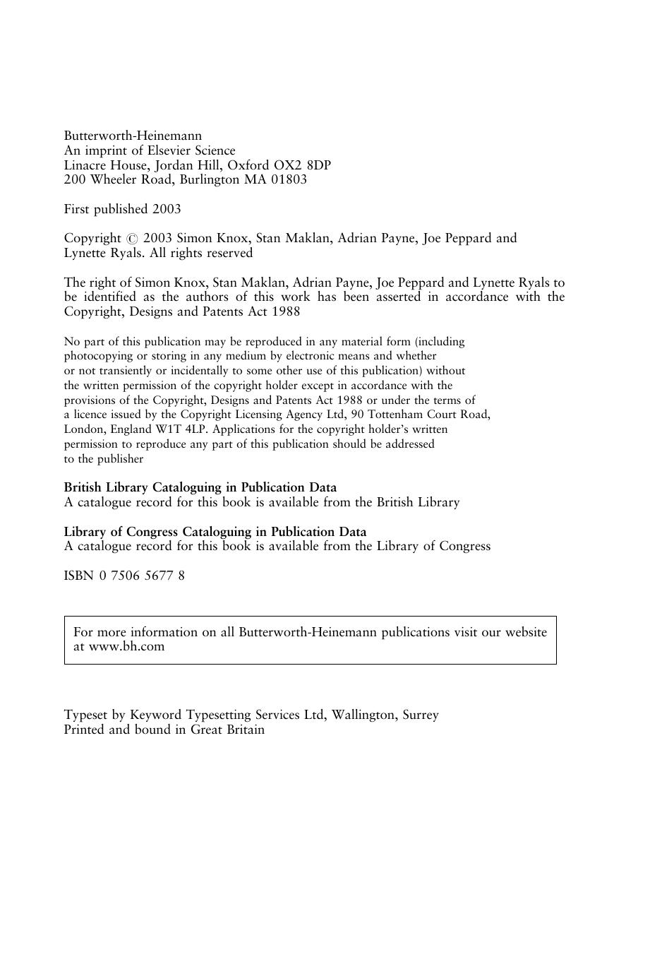 Customer Relationship Management. Perspectives from the Marketplace by Simon Knox Stan Maklan Adrian Payne Joe Peppard and Lynette Ryals (Auth.)