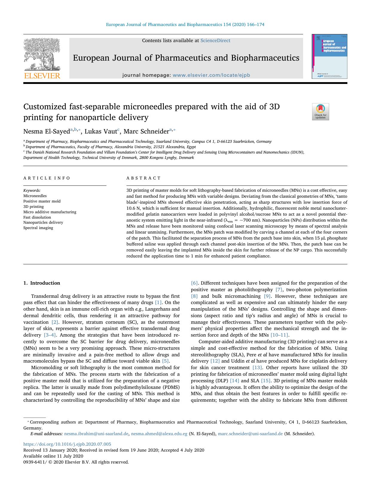 Customized fast-separable microneedles prepared with the aid of 3D printing for nanoparticle delivery by Nesma El-Sayed & Lukas Vaut & Marc Schneider