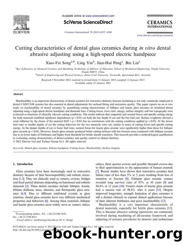 Cutting characteristics of dental glass ceramics during in vitro dental abrasive adjusting using a high-speed electric handpiece by Xiao-Fei Song & Ling Yin & Jian-Hui Peng & Bin Lin