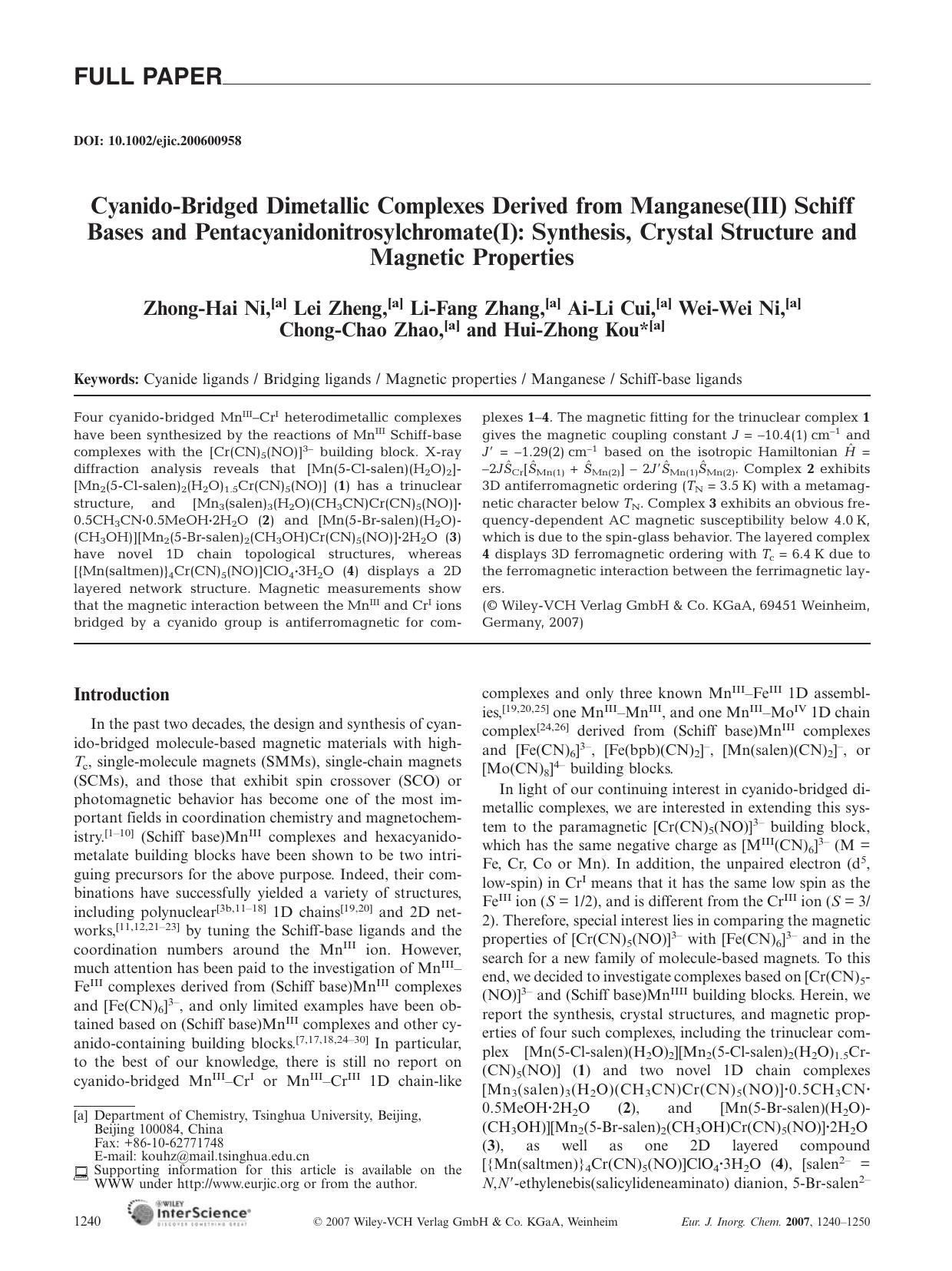 Cyanido-Bridged Dimetallic Complexes Derived from Manganese(III) Schiff Bases and Pentacyanidonitrosylchromate(I): Synthesis, Crystal Structure and Magnetic Properties by Unknown