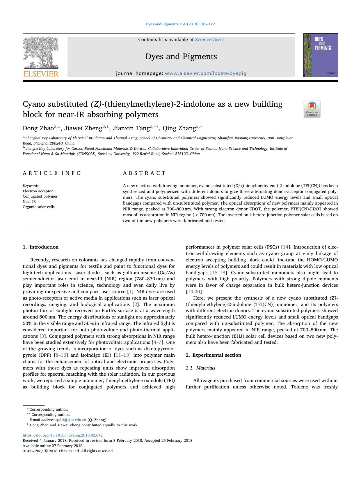 Cyano substituted (Z)-(thienylmethylene)-2-indolone as a new building block for near-IR absorbing polymers by Dong Zhao & Jiawei Zheng & Jianxin Tang & Qing Zhang