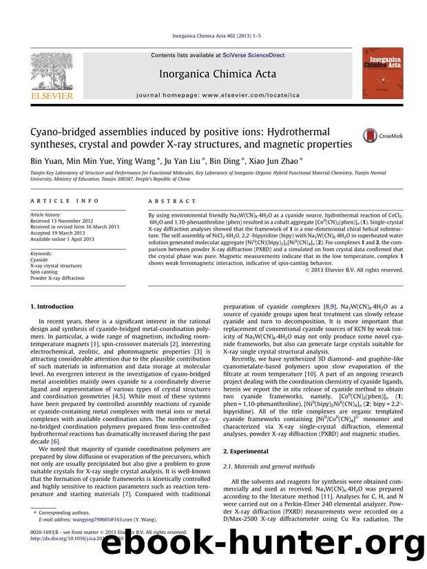 Cyano-bridged assemblies induced by positive ions: Hydrothermal syntheses, crystal and powder X-ray structures, and magnetic properties by Bin Yuan & Min Min Yue & Ying Wang & Ju Yan Liu & Bin Ding & Xiao Jun Zhao