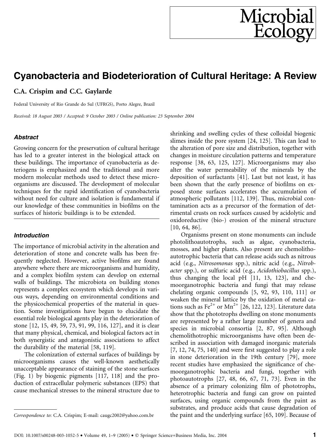 Cyanobacteria and Biodeterioration of Cultural Heritage: A Review by Crispim C.A. et al