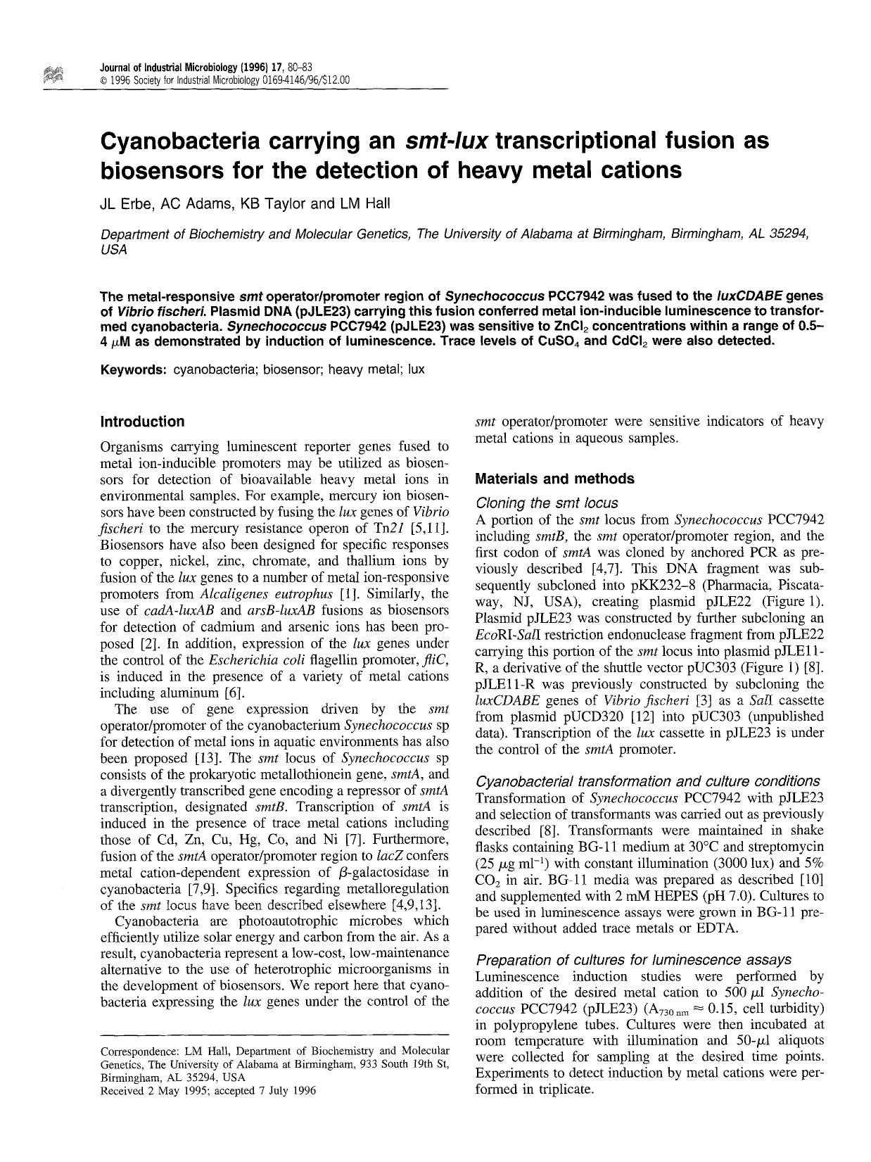 Cyanobacteria carrying an <Emphasis Type="Italic">smt-lux <Emphasis> transcriptional fusion as biosensors for the detection of heavy metal cations by Unknown