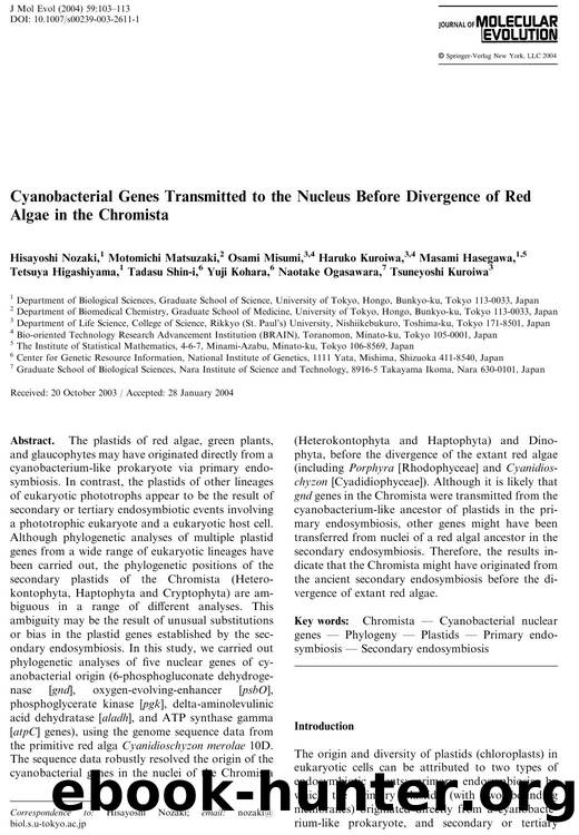 Cyanobacterial Genes Transmitted to the Nucleus Before Divergence of Red Algae in the Chromista by Nozaki H. et al