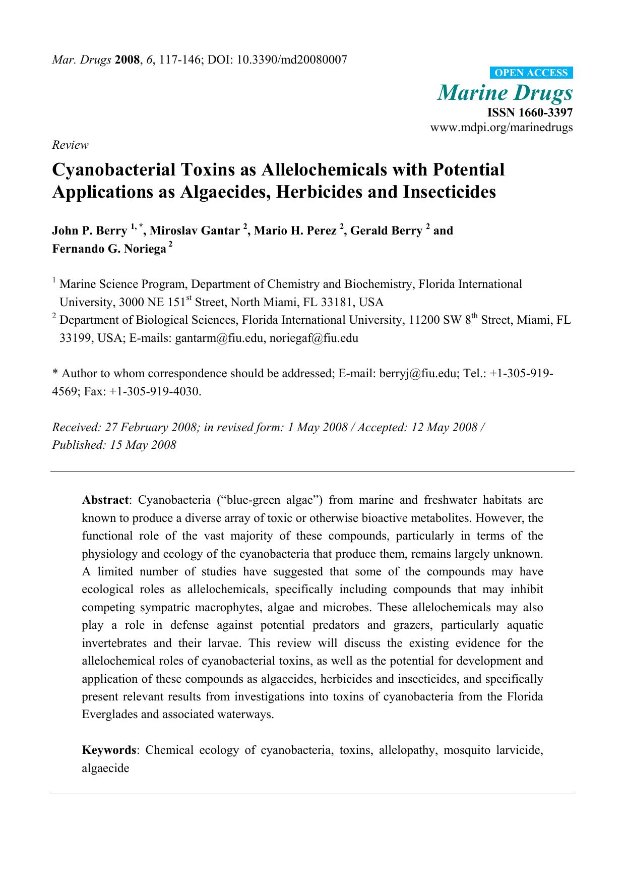 Cyanobacterial Toxins as Allelochemicals with Potential Applications as Algaecides, Herbicides and Insecticides by John P. Berry & Miroslav Gantar & Mario H. Perez & Gerald Berry & Fernando G. Noriega
