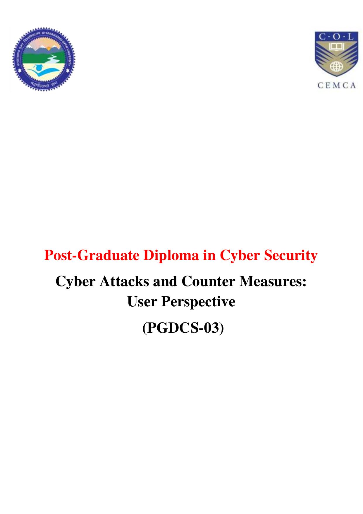 Cyber Security Cyber Attacks and Counter Measures: User Perspective (PGDCS-03) by Nihar Ranjan Pande (ed.)