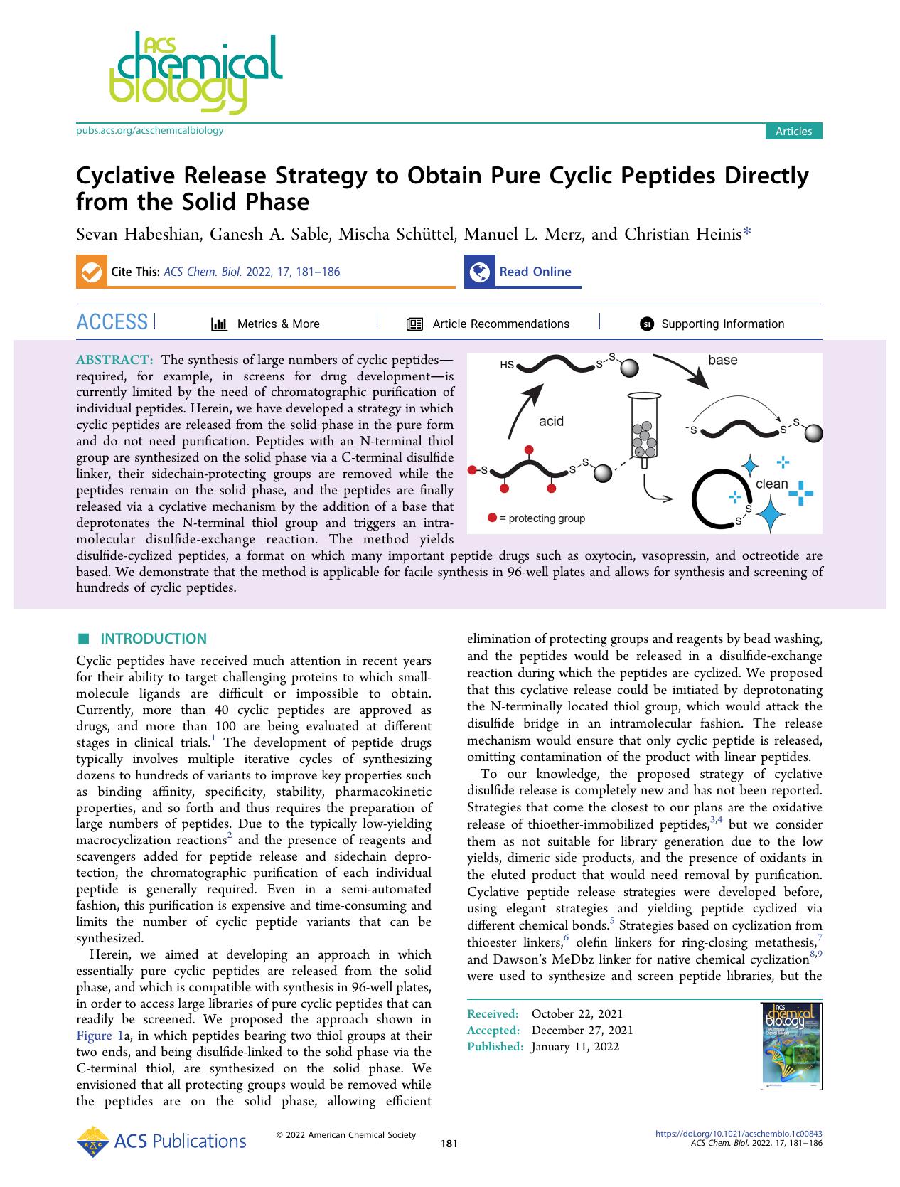 Cyclative Release Strategy to Obtain Pure Cyclic Peptides Directly from the Solid Phase by Sevan Habeshian Ganesh A. Sable Mischa Schüttel Manuel L. Merz and Christian Heinis